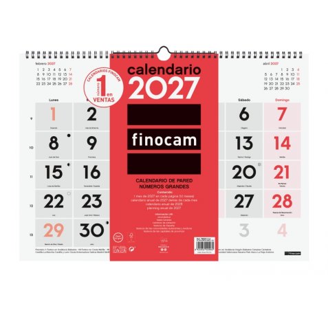 Finocam Neutro Calendario de Pared - Anual 2027 - Mes Vista - Formato L - 430x310mm - Espiral Doble - Papel de 120g/m2 - Numeros Grandes - Color Rojo y Blanco