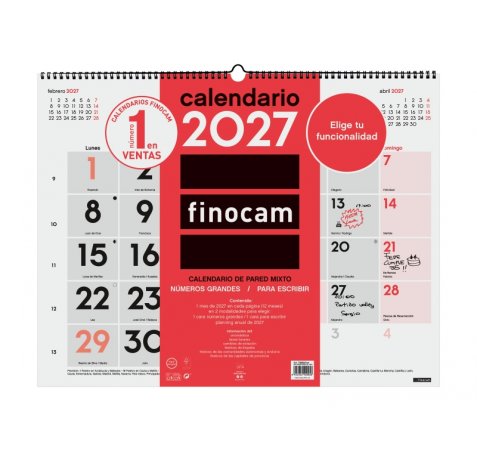 Finocam Neutro Calendario de Pared - Anual 2027 - Mes Vista - Formato XL - 540x420mm - Espiral Doble - Papel de 135g/m2 - Espacio para Escribir - Numeros Grandes - Color Rojo y Blanco