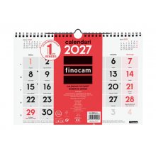 Finocam Neutro Calendario de Pared en Catalan - Anual 2027 - Mes Vista - Formato M - 300x210mm - Espiral Doble - Papel de 120g/m2 - Numeros Grandes - Color Rojo y Blanco