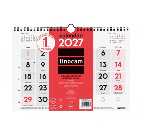 Finocam Neutro Calendario de Pared en Catalan - Anual 2027 - Mes Vista - Formato M - 300x210mm - Espiral Doble - Papel de 120g/m2 - Numeros Grandes - Color Rojo y Blanco