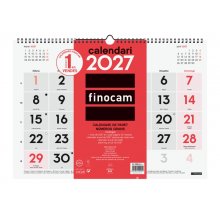 Finocam Neutro Calendario de Pared en Catalan - Anual 2027 - Mes Vista - Formato L - 430x310mm - Espiral Doble - Papel de 120g/m2 - Numeros Grandes - Color Rojo y Blanco