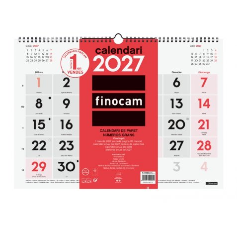 Finocam Neutro Calendario de Pared en Catalan - Anual 2027 - Mes Vista - Formato L - 430x310mm - Espiral Doble - Papel de 120g/m2 - Numeros Grandes - Color Rojo y Blanco