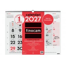 Finocam Neutro Calendario de Pared en Catalan - Anual 2027 - Mes Vista - Formato XL - 540x420mm - Espiral Doble - Papel de 135g/m2 - Espacio para Escribir - Numeros Grandes - Color Rojo y Blanco