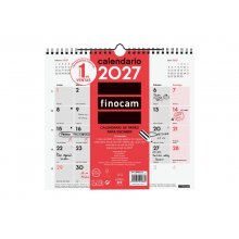 Finocam Neutro Calendario de Pared - Anual 2027 - Mes Vista - Formato M - 265x245mm - Espiral Doble - Papel de 120g/m2 - Espacio para Escribir - Color Rojo y Blanco