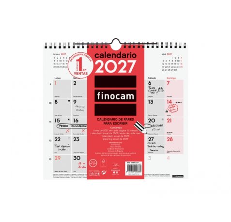Finocam Neutro Calendario de Pared - Anual 2027 - Mes Vista - Formato M - 265x245mm - Espiral Doble - Papel de 120g/m2 - Espacio para Escribir - Color Rojo y Blanco