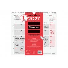 Finocam Neutro Calendario de Pared - Anual 2027 - Mes Vista - Formato L - 340x320mm - Espiral Doble - Papel de 120g/m2 - Espacio para Escribir - Color Rojo y Blanco