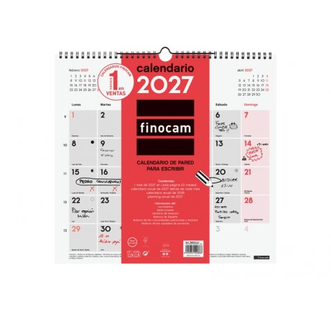 Finocam Neutro Calendario de Pared - Anual 2027 - Mes Vista - Formato L - 340x320mm - Espiral Doble - Papel de 120g/m2 - Espacio para Escribir - Color Rojo y Blanco