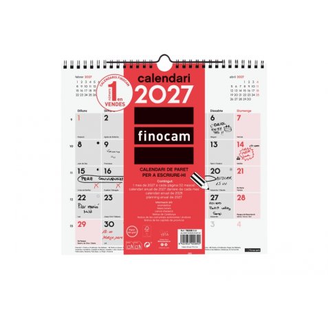 Finocam Neutro Calendario de Pared en Catalan - Anual 2027 - Mes Vista - Formato M - 265x245mm - Espiral Doble - Papel de 120g/m2 - Espacio para Escribir - Color Rojo y Blanco