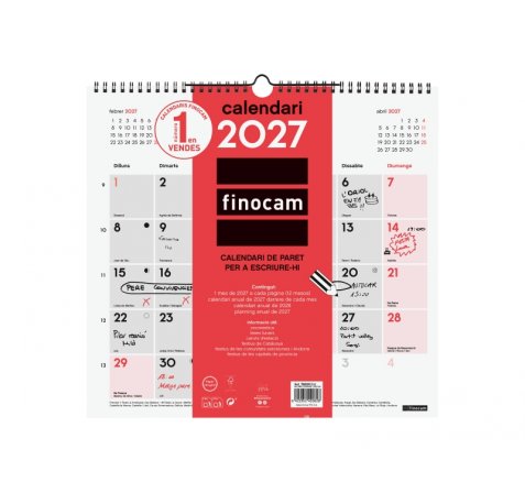 Finocam Neutro Calendario de Pared en Catalan - Anual 2027 - Mes Vista - Formato L - 340x320mm - Espiral Doble - Papel de 120g/m2 - Espacio para Escribir - Color Rojo y Blanco