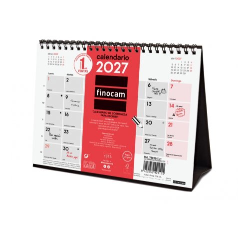 Finocam Neutro Calendario de Sobremesa - Anual 2027 - Mes Vista - Formato S - 210x150mm - Espiral Doble - Papel de 120g/m2 - Espacio para Escribir - Color Rojo y Blanco
