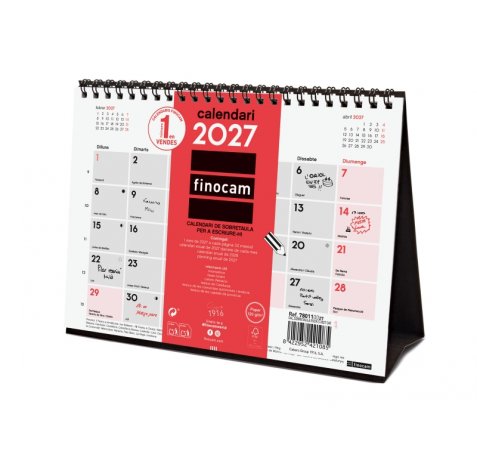 Finocam Neutro Calendario de Sobremesa en Catalan - Anual 2027 - Mes Vista - Formato S - 210x150mm - Espiral Doble - Papel de 120g/m2 - Espacio para Escribir - Color Rojo y Blanco