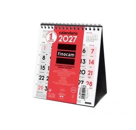 Finocam Neutro Calendario de Sobremesa - Anual 2027 - Mes Vista - Formato XS - 140x150mm - Espiral Doble - Papel de 120g/m2 - Numeros Grandes - Color Rojo y Blanco