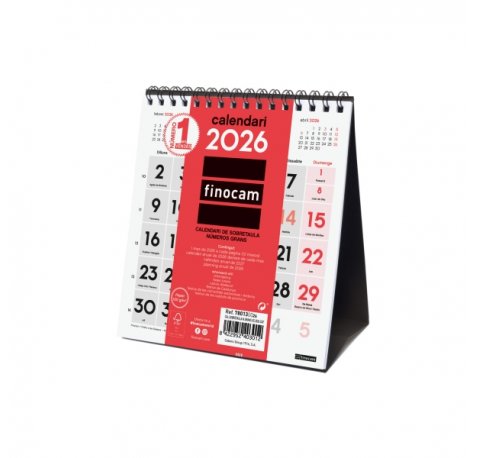 Finocam Calendario de Sobremesa en Catalan - Anual 2026 - 140x70x155mm - Numeros Grandes - Color Blanco y Rojo