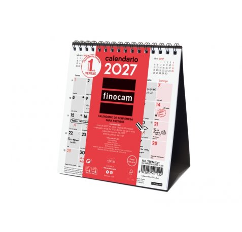 Finocam Neutro Calendario de Sobremesa - Anual 2027 - Mes Vista - Formato XS - 140x150mm - Espiral Doble - Papel de 120g/m2 - Espacio para Escribir - Color Rojo y Blanco