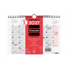 Finocam Neutro Calendario de Pared - Anual 2027 - Mes Vista - Formato S - 210x150mm - Espiral Doble - Papel de 120g/m2 - Espacio para Escribir - Color Rojo y Blanco