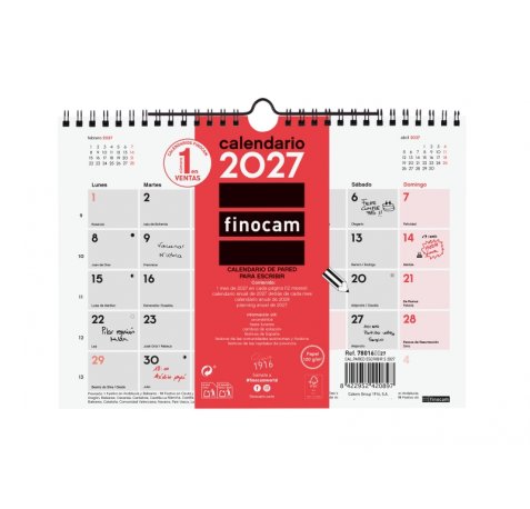 Finocam Neutro Calendario de Pared - Anual 2027 - Mes Vista - Formato S - 210x150mm - Espiral Doble - Papel de 120g/m2 - Espacio para Escribir - Color Rojo y Blanco
