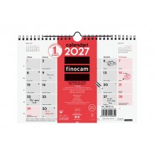 Finocam Neutro Calendario de Pared en Catalan - Anual 2027 - Mes Vista - Formato S - 210x150mm - Espiral Doble - Papel de 120g/m2 - Espacio para Escribir - Color Rojo y Blanco