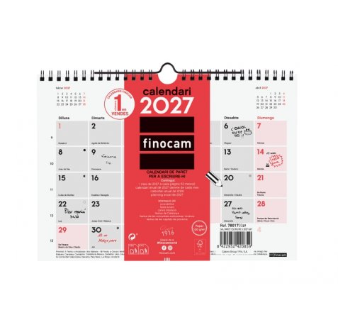 Finocam Neutro Calendario de Pared en Catalan - Anual 2027 - Mes Vista - Formato S - 210x150mm - Espiral Doble - Papel de 120g/m2 - Espacio para Escribir - Color Rojo y Blanco