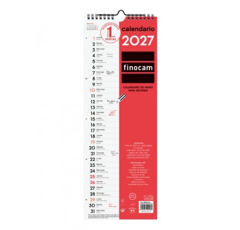 Finocam Neutro Calendario de Pared - Anual 2027 - Mes Vista - Formato L - 155x430mm - Espiral Doble - Papel de 120g/m2 - Espacio para Escribir - Color Rojo y Blanco