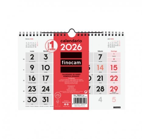 Finocam Calendario de Pared - Anual 2026 - 210x5x155mm - Numeros Grandes - Color Blanco y Rojo