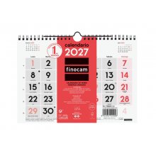 Finocam Neutro Calendario de Pared - Anual 2027 - Mes Vista - Formato S - 210x150mm - Espiral Doble - Papel de 120g/m2 - Numeros Grandes - Color Rojo y Blanco