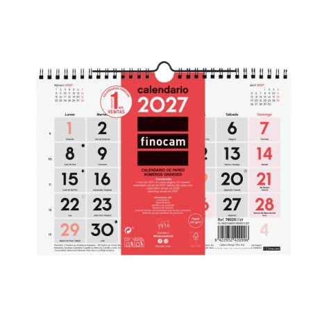 Finocam Neutro Calendario de Pared - Anual 2027 - Mes Vista - Formato S - 210x150mm - Espiral Doble - Papel de 120g/m2 - Numeros Grandes - Color Rojo y Blanco