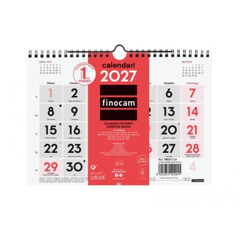 Finocam Neutro Calendario de Pared en Catalan - Anual 2027 - Mes Vista - Formato S - 210x150mm - Espiral Doble - Papel de 120g/m2 - Numeros Grandes - Color Rojo y Blanco