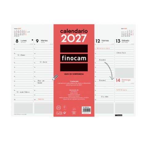 Finocam Neutro Vade Calendario - Anual 2027 - Semana Vista Vertical - 420x310mm - Encolado - Papel de 90g/m2 - Espacio para Notas - Color Rojo y Blanco