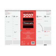 Finocam Neutro Vade Calendario - Anual 2027 - Semana Vista Vertical - 420x310mm - Espiral Doble - Papel de 90g/m2 - Espacio para Notas - Tapas de Polipropileno - Color Rojo y Blanco
