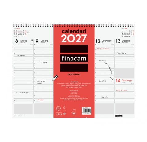 Finocam Neutro Vade Calendario en Catalan - Anual 2027 - Semana Vista Vertical - 420x310mm - Espiral Doble - Papel de 90g/m2 - Espacio para Notas - Tapas de Polipropileno - Color Rojo y Blanco