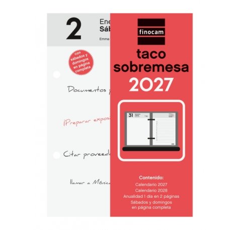Finocam Neutro Taco Calendario de Sobremesa - Anual 2027 - 2 Paginas por Dia - 85x120mm - Papel de 70g/m2 - Color Rojo y Blanco
