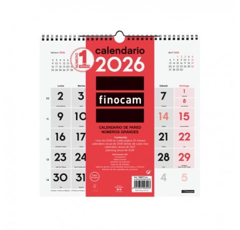 Finocam Calendario de Pared - Anual 2026 - 300x5x310mm - Numeros Grandes - Color Blanco y Rojo