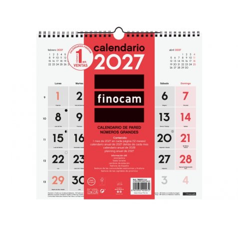 Finocam Neutro Calendario de Pared - Anual 2027 - Mes Vista - 300x300mm - Espiral Doble - Papel de 120g/m2 - Numeros Grandes - Color Rojo y Blanco