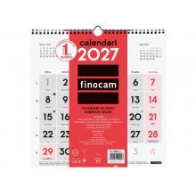 Finocam Neutro Calendario de Pared en Catalan - Anual 2027 - Mes Vista - 300x300mm - Espiral Doble - Papel de 120g/m2 - Numeros Grandes - Color Rojo y Blanco