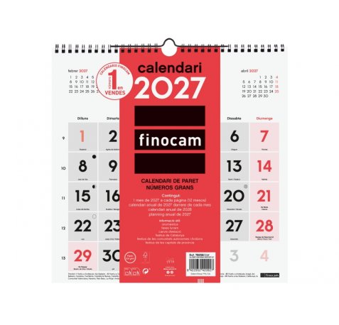 Finocam Neutro Calendario de Pared en Catalan - Anual 2027 - Mes Vista - 300x300mm - Espiral Doble - Papel de 120g/m2 - Numeros Grandes - Color Rojo y Blanco