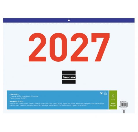 Finocam Calendario Faldilla en Catalan - Anual 2027 - Mes Vista - Formato F94 - 430x310mm - Papel de 80g/m2 Microperforado - Numeros Grandes - Espacio para Notas - Color Azul y Blanco