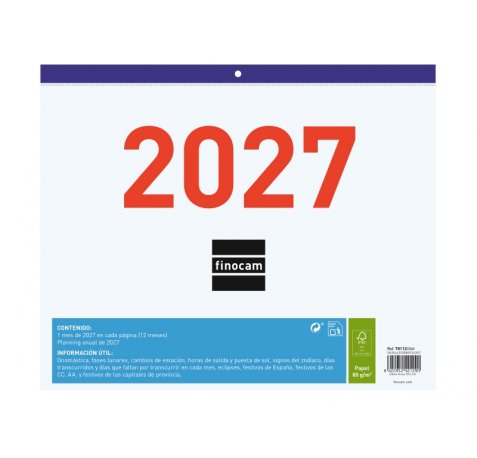 Finocam Calendario Faldilla - Anual 2027 - Mes Vista - Formato F43 - 300x247mm - Papel de 80g/m2 Microperforado - Espacio para Escribir - Color Azul y Blanco