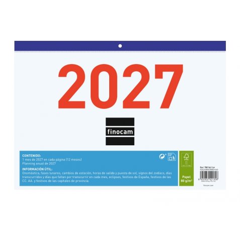 Finocam Calendario Faldilla - Anual 2027 - Mes Vista - Formato F93 - 300x210mm - Papel de 80g/m2 Microperforado - Numeros Grandes - Color Azul y Blanco