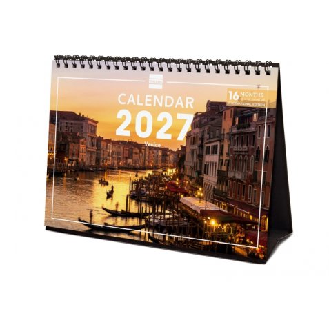 Finocam Venecia Calendario de Sobremesa Internacional - 16 Meses 26/27 - Mes Vista - Formato S - 210x150mm - Espiral Doble - Papel de 170g/m2 - Imagenes Tematicas Surtidas - Multilenguaje