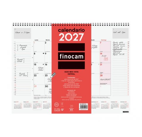 Finocam Neutro Vade Calendario - Anual 2027 - Mes Vista - 420x310mm - Espiral Doble - Papel de 150g/m2 - Espacio para Escribir - Color Rojo y Blanco