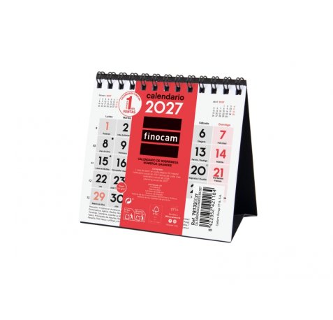 Finocam Neutro Calendario de Sobremesa - Anual 2027 - Mes Vista - Formato XXS - 110x100mm - Espiral Doble - Papel de 120g/m2 - Numeros Grandes - Color Rojo y Blanco
