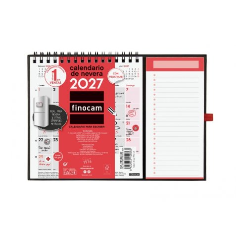 Finocam Neutro Calendario con Iman - Anual 2027 - Mes Vista - Formato XS - 140x150mm - Base 220x160mm - Espiral Doble - Papel de 120g/m2 - Espacio para Escribir - Color Rojo y Blanco