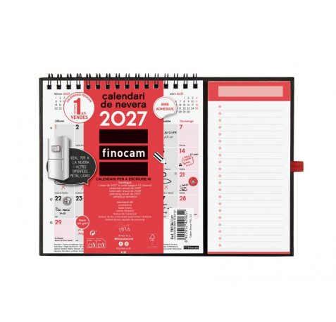 Finocam Neutro Calendario con Iman en Catalan - Anual 2027 - Mes Vista - Formato XS - 140x150mm - Base 220x160mm - Espiral Doble - Papel de 120g/m2 - Espacio para Escribir - Color Rojo y Blanco