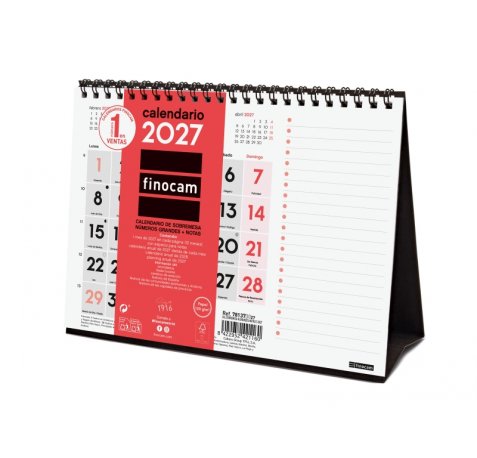 Finocam Neutro Calendario de Sobremesa - Anual 2027 - Mes Vista - Formato S - 210x150mm - Espiral Doble - Papel de 120g/m2 - Numeros Grandes - Color Rojo y Blanco