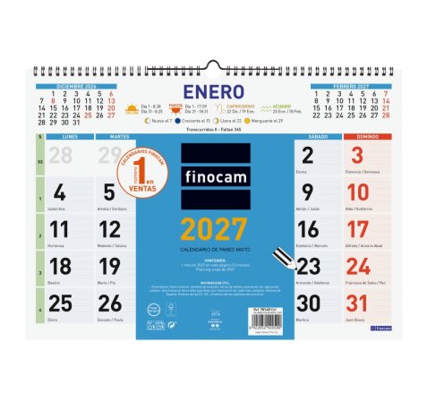 Finocam Color Calendario de Pared - Anual 2027 - Mes Vista - Formato L - 430x310mm - Espiral Doble - Papel de 120g/m2 - Color Azul y Blanco