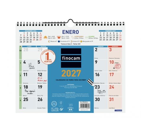 Finocam Color Calendario de Pared - Anual 2027 - Mes Vista - 300x247mm - Espiral Doble - Papel de 120g/m2 - Espacio para Escribir - Color Azul y Blanco
