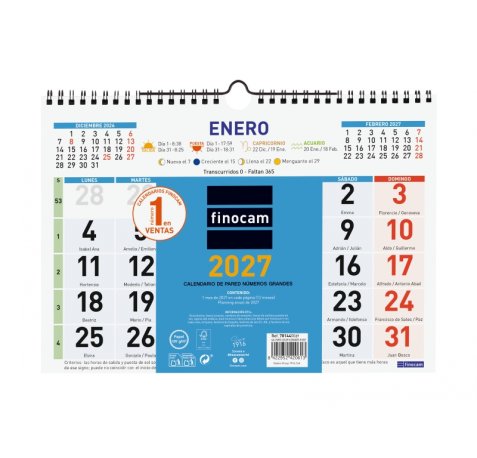 Finocam Color Calendario de Pared - Anual 2027 - Mes Vista - Formato M - 300x210mm - Espiral Doble - Papel de 120g/m2 - Numeros Grandes - Color Azul y Blanco