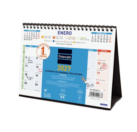 Finocam Color Calendario de Sobremesa - Anual 2027 - Mes Vista - Formato S - 210x150mm - Espiral Doble - Papel de 120g/m2 - Espacio para Escribir - Color Azul y Blanco
