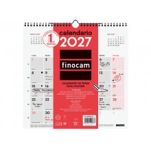 Finocam Neutro Calendario de Pared - Anual 2027 - Mes Vista - 300x300mm - Espiral Doble - Papel de 120g/m2 - Espacio para Escribir - Color Rojo y Blanco