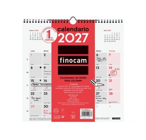 Finocam Neutro Calendario de Pared - Anual 2027 - Mes Vista - 300x300mm - Espiral Doble - Papel de 120g/m2 - Espacio para Escribir - Color Rojo y Blanco